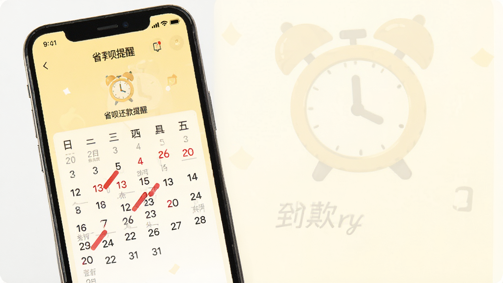 省呗还款提醒界面,手机屏幕显示还款日历和到期提醒,背景为淡黄色,有闹钟图标和红色标记,界面简洁清晰,画质干净,无多余元素