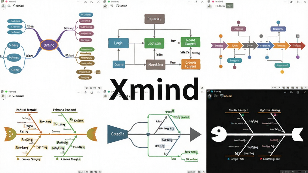 一张展示Xmind思维导图软件多种结构类型的拼贴画,画面中并排显示思维导图、逻辑图、时间轴、鱼骨图等不同样式的导图截图,每个导图主题清晰,颜色各异,布局整齐,风格简约现代,画质干净,无多余元素,中央配以文字“Xmind”。