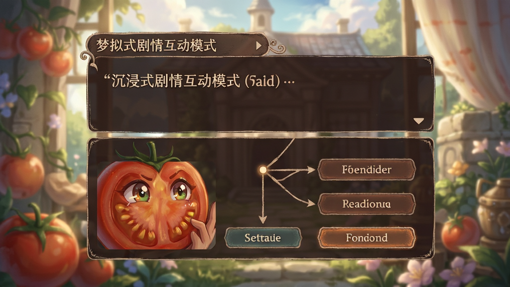 梦拟番茄沉浸式剧情互动模式的场景截图,主体是剧情对话界面与选项按钮,布局背景为精美的场景原画,前景是对话框和分支选择,排版具有电影感,风格为唯美治愈系插画,细节有光影效果和角色表情特写,画质高清干净,无多余元素