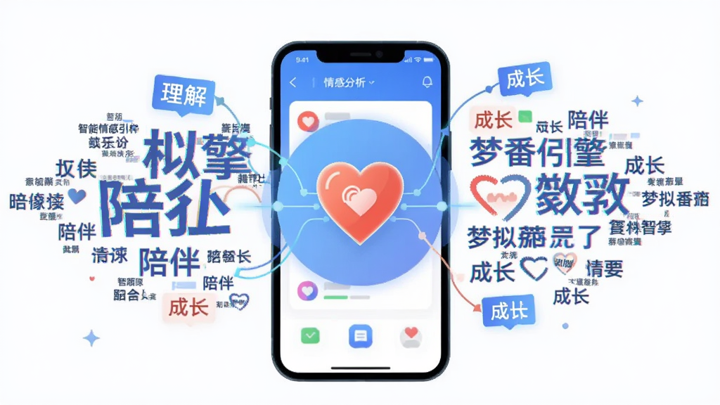 展示梦拟番茄智能情感引擎功能的示意图,主体是数据流动与心形图标的结合,布局中央是手机界面放大图,周围环绕着情感分析词云,排版富有科技感,风格为扁平化插画风,细节处有“理解”“陪伴”“成长”等文字标签,画质清晰干净,无多余元素