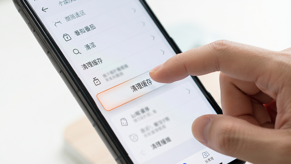 梦拟番茄使用指南操作示意图,主体是一只手正在滑动手机屏幕操作应用,布局聚焦于手机屏幕中的设置菜单,排版简洁清晰,风格为写实摄影与UI界面结合,细节高亮显示“清理缓存”按钮,画质干净明亮,无多余元素
