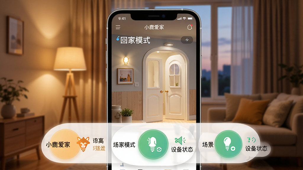 主体:手机“小鹿爱家”APP展示“回家模式”场景,背景是傍晚的客厅,灯光亮起,窗帘拉开。布局:手机界面占据画面主体,下方有三个圆形场景按钮。排版:左右结构,左侧为场景名称,右侧为设备状态。风格:温馨居家风格,光影效果真实。细节:场景按钮颜色鲜明,设备状态图标清晰。画质:超清画质,无多余元素。