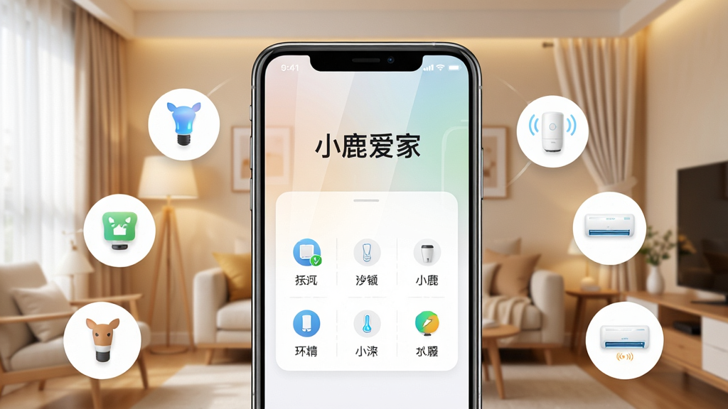 主体:一部智能手机屏幕显示“小鹿爱家”APP主界面,背景是温馨的客厅,智能灯光、窗帘、空调等设备图标环绕。布局:手机居中,设备图标呈半圆形分布,界面简洁。排版:上下结构,上方为APP名称“小鹿爱家”,下方为设备控制面板。风格:科技感与现代家居结合,明亮通透。细节:界面图标清晰,色彩柔和,手机屏幕反光自然。画质:4K高清,干净,无多余元素。