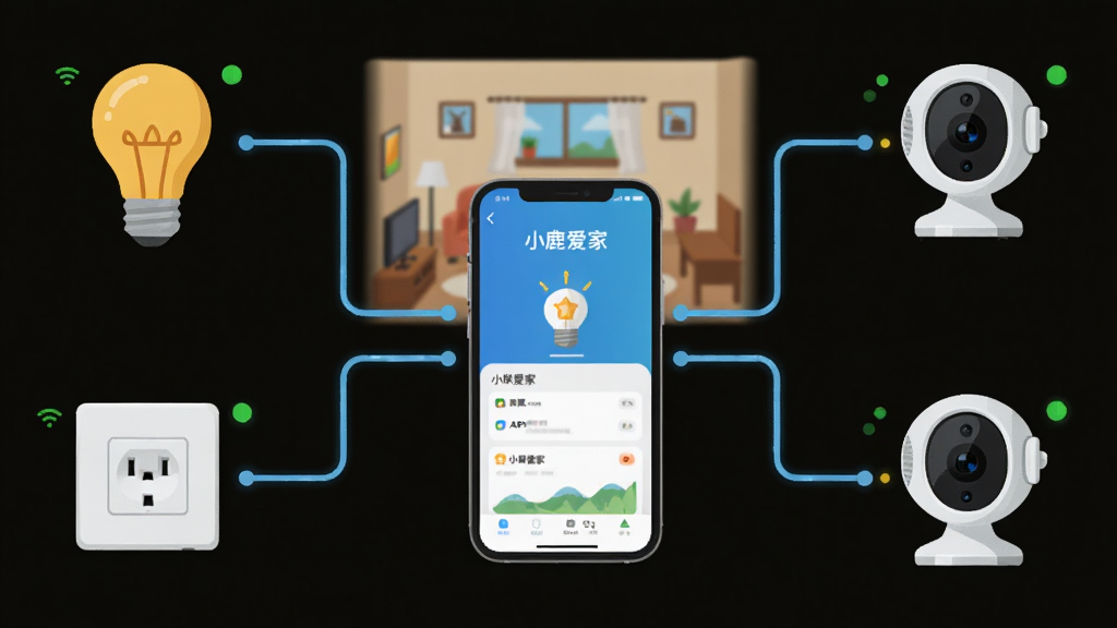 主体:一个房间内多个智能设备(灯泡、插座、摄像头)与手机“小鹿爱家”APP连接示意图。布局:设备分散在房间各处,手机位于中央,用线条连接。排版:设备图标与手机界面并排展示。风格:扁平化插画风格,色彩明快。细节:每台设备旁有状态指示灯,连接线清晰。画质:高分辨率,画面干净,无多余元素。