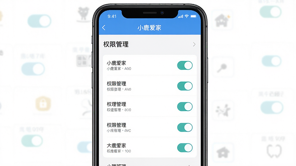 主体:手机“小鹿爱家”APP设置页面,展示权限管理选项。布局:手机居中,屏幕内显示“权限管理”列表。排版:竖屏界面,列表清晰。风格:简洁UI设计,蓝白配色。细节:权限开关状态明确,有文字说明。画质:高清,干净,无多余元素。