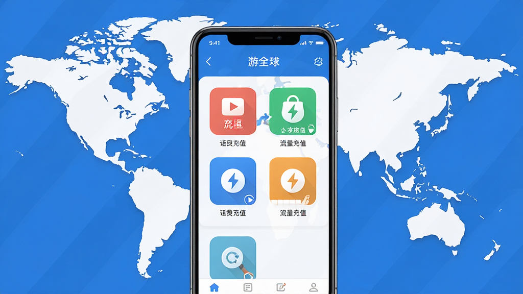 游全球APP界面预览图,主体为智能手机屏幕展示应用主页面,背景为世界地图轮廓,布局居中,风格现代扁平化,细节显示话费充值、流量充值等图标,画质高清,干净,无多余元素