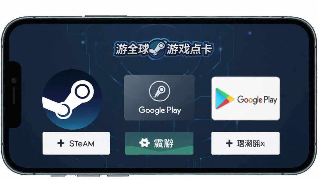 游全球游戏点卡充值页面预览,主体为手机屏幕展示游戏充值选项,布局居中,风格科技感,细节显示Steam、Google Play图标,画质干净,无多余元素