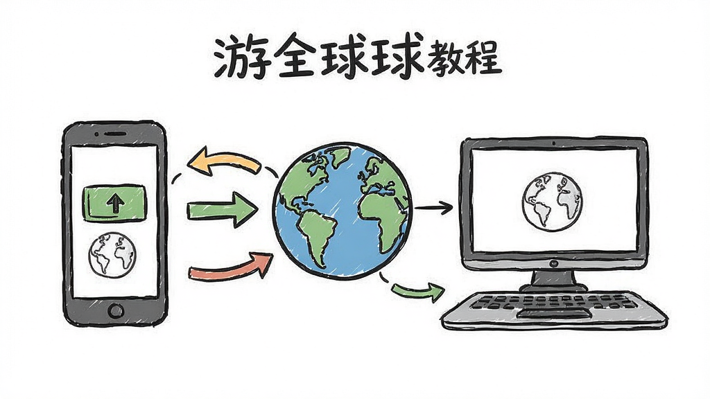 游全球使用教程图示,主体为手机和电脑连接地球图标,布局左右对称,风格简洁手绘风,细节显示充值流程箭头,画质干净,无多余元素