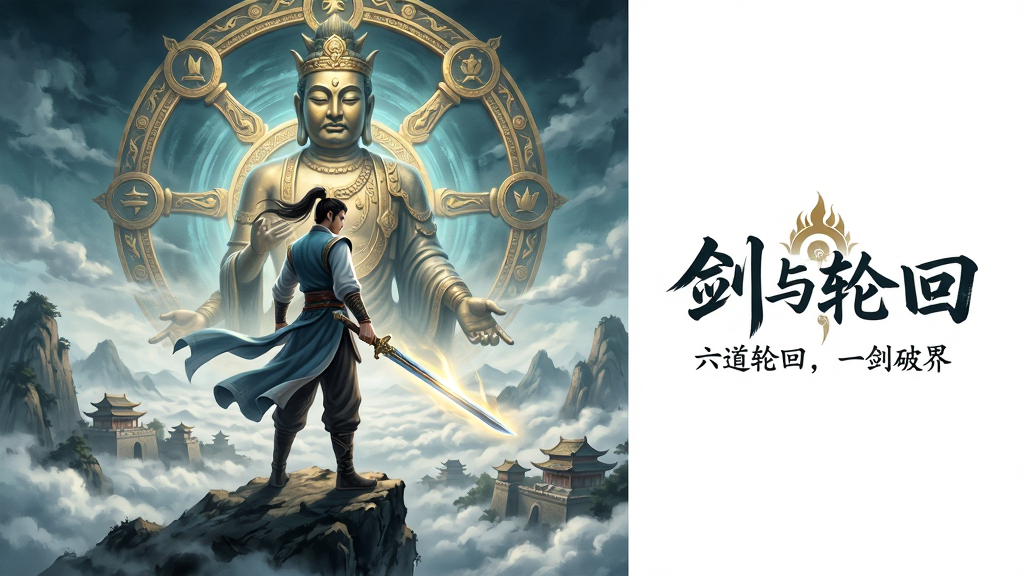 主体:剑与轮回游戏主视觉图,一位持剑侠客立于山巅,俯瞰云海与古城,背景有巨大轮回法相。布局:人物居中偏左,右侧留白放置游戏logo“剑与轮回”。排版:竖版构图,标题字居上,副标题“六道轮回,一剑破界”居下。风格:东方玄幻,水墨与写实结合,色调以青蓝与金色为主。细节:衣袂飘动,剑身泛光,云海翻涌,法相庄严。画质:8k高清,细腻光影,干净,无多余元素。