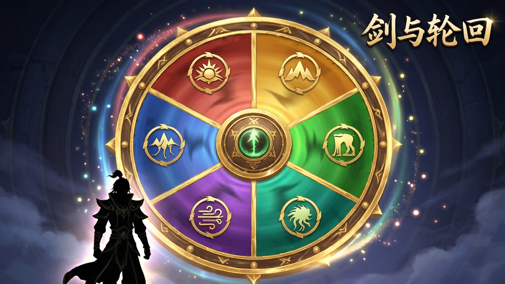 主体:游戏内六道轮回界面,中心为巨大转轮,六道图标环绕,角色立于转轮前。布局:转轮占据画面中央,角色位于左下角,右上角显示“剑与轮回”字样。排版:UI风格,转轮分六色区域,用金色线条勾勒。风格:玄幻唯美,光效华丽。细节:转轮缓慢旋转,粒子光点飘散,角色剪影清晰。画质:高清渲染,色彩饱和,干净,无多余元素。