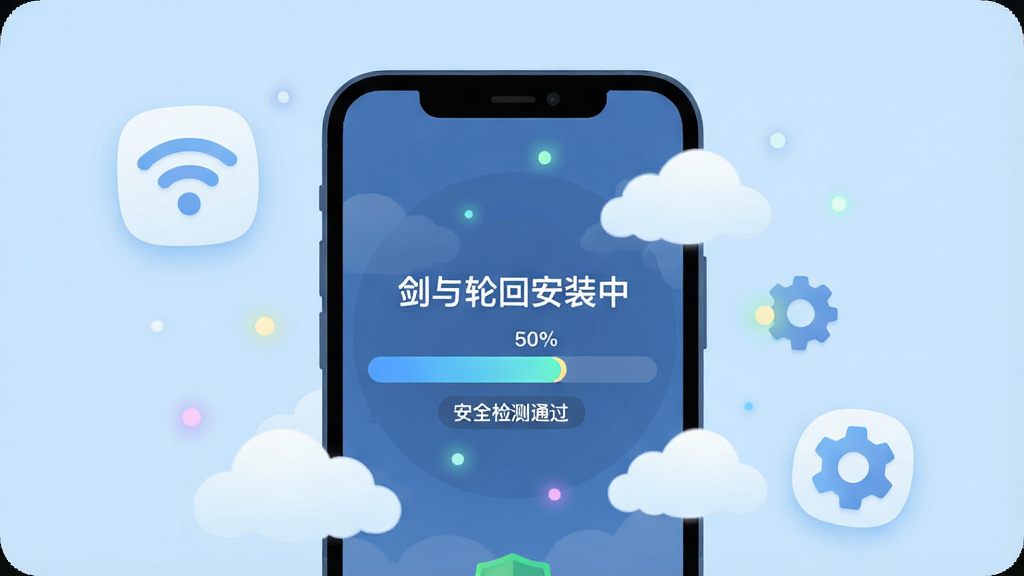 主体:手机屏幕显示游戏安装界面,周围有WiFi图标和齿轮图标。布局:手机居中,屏幕内显示“剑与轮回安装中”进度条,周围有云朵和光点。排版:简洁扁平化,图标圆润。风格:科技感与清新结合,背景浅蓝。细节:进度条50%,有“安全检测通过”字样。画质:高清,干净,无多余元素。