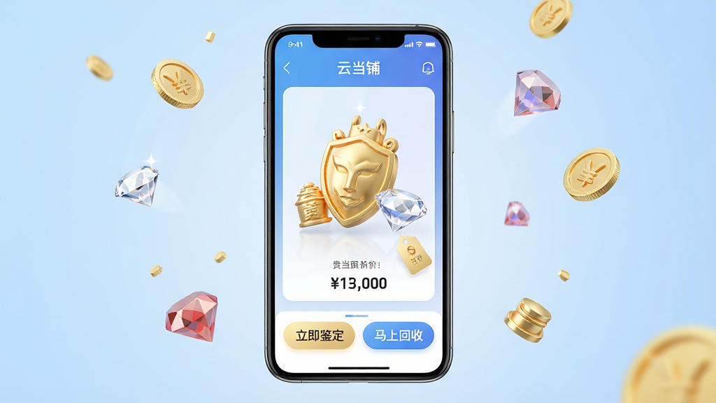 主体:一款名为“云当铺”的智能手机应用界面,屏幕中展示黄金、钻石等贵重物品的3D立体展示与估价信息。布局:手机居中,屏幕内容清晰可见,背景为淡蓝色渐变,周围漂浮着金币和宝石元素。排版:界面简洁,上方有“云当铺”应用名称,中间展示物品和价格标签,下方有“立即鉴定”“马上回收”按钮。风格:现代科技感,明亮通透。细节:高光质感,金属反光,UI细节精致。画质:8K超清,干净,无多余元素。
