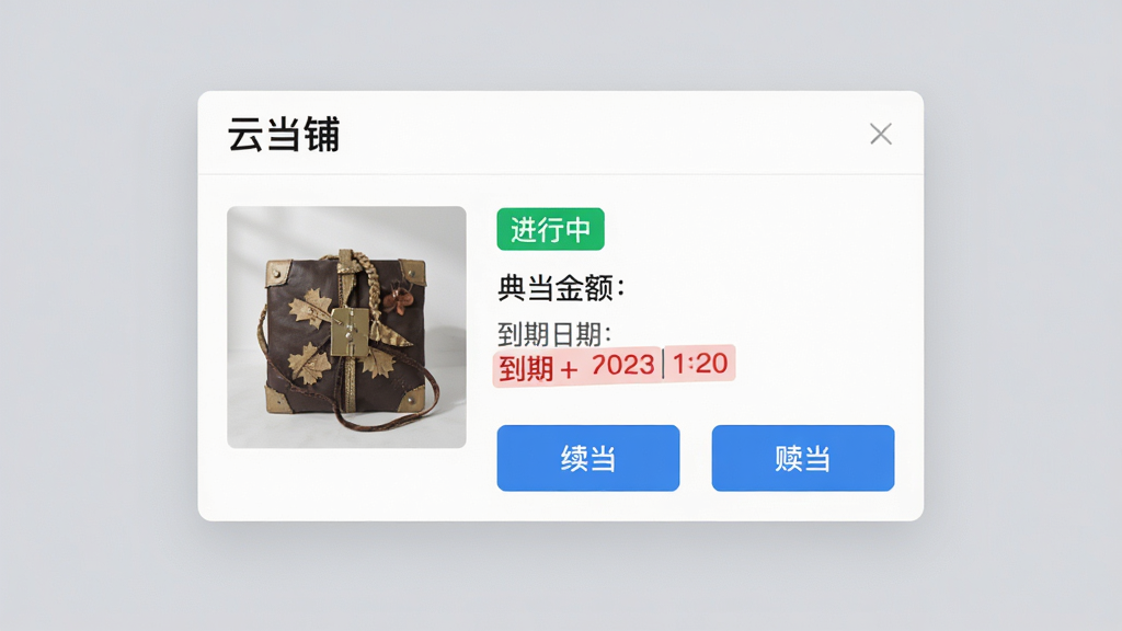 主体:云当铺应用界面显示典当订单详情,包括物品照片、典当金额、到期日期以及“续当”“赎当”按钮。布局:订单信息卡片居中,背景为柔和的灰色。排版:物品照片在左侧,右侧为文字信息,底部有两个蓝色按钮。风格:清爽简洁,信息层级分明。细节:订单状态用绿色标签标注“进行中”,到期日期红色高亮。画质:高清,干净,无多余元素。