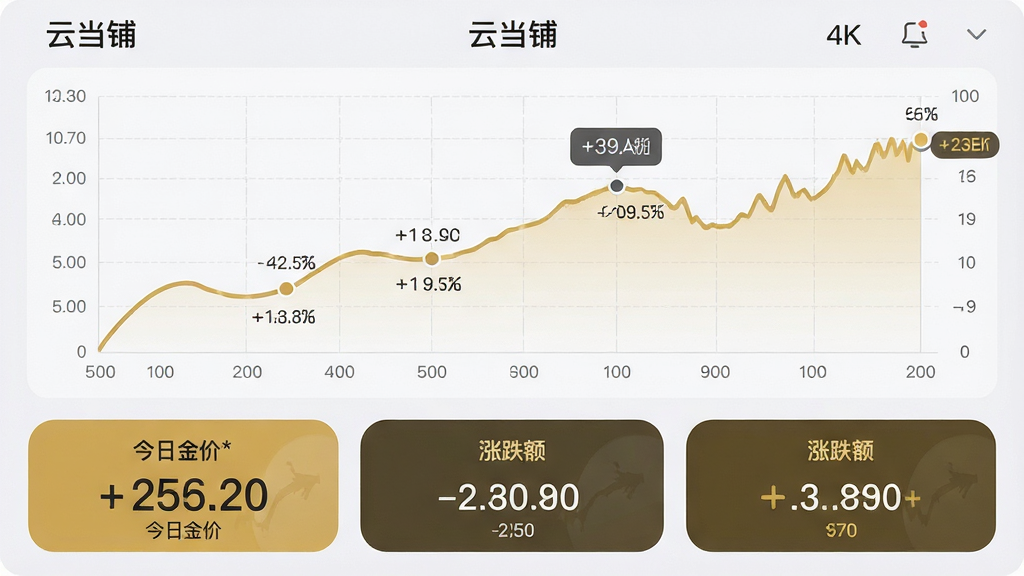主体:云当铺应用内的黄金价格走势图界面,展示近一周的价格波动曲线。布局:折线图占据屏幕上半部分,下方为今日金价、涨跌幅等数据卡片。排版:图表线条为金色,坐标轴清晰,数据卡片采用圆角设计,标注“今日金价”“涨跌额”。风格:简约商务,数据可视化。细节:图表有交互点,显示具体数值,背景为浅灰网格。画质:4K清晰,干净,无多余元素。