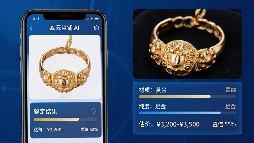 主体:手机屏幕展示云当铺AI鉴定功能,拍摄一件黄金首饰后,屏幕显示鉴定结果与价格区间。布局:手机位于画面左侧,右侧有放大的首饰照片和AI分析数据面板。排版:分析面板包含“材质:黄金”“纯度:足金”“估价:3,200-3,500”等文字标签。风格:科技蓝与金色搭配,体现专业与信赖。细节:屏幕内首饰细节清晰,数据面板有进度条和置信度百分比。画质:高分辨率,干净,无多余元素。