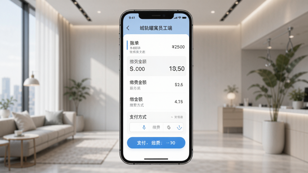 城轨曦寓员工端缴费功能界面,手机屏幕显示账单列表、缴费金额、支付方式,背景为现代简约的室内空间,光线柔和,突出移动支付的便利性,整体风格商务而清新,高画质,无多余元素。