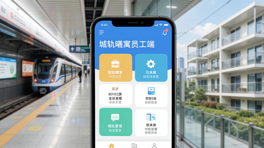 城轨曦寓员工端,一款现代简约风格的手机APP界面展示图,屏幕中清晰显示“城轨曦寓员工端”的应用名称及首页功能模块,背景为明亮的城市轨道交通站台与员工公寓楼,画面整洁,色彩清新,突出智能管理、便捷生活的主题,整体采用扁平化设计,高画质,干净无多余元素。