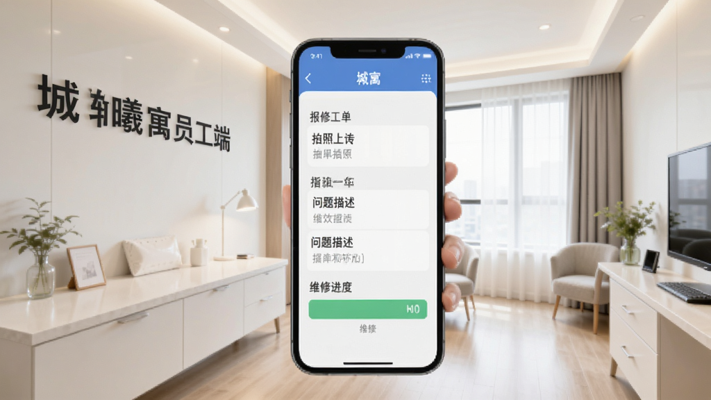 城轨曦寓员工端智能报修功能界面,手机屏幕展示报修工单提交页面,包含拍照上传、问题描述、维修进度条,背景为明亮整洁的公寓房间,墙上有“城轨曦寓员工端”字样,画面清晰,强调高效维修服务,高画质,无多余元素。
