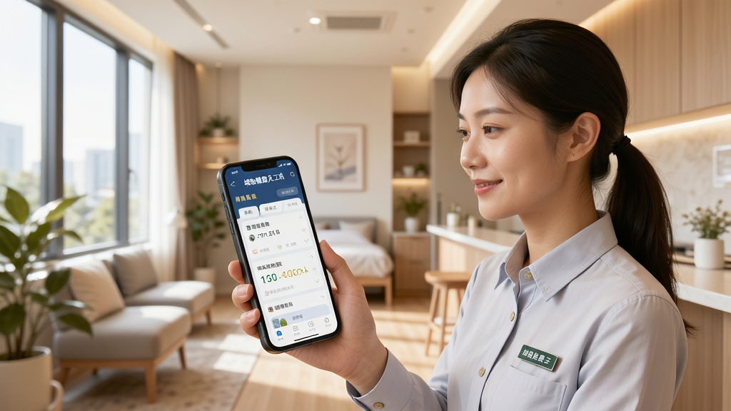 城轨曦寓员工端使用场景图,一名员工正使用手机APP查看公寓信息,背景为整洁的员工公寓,室内光线明亮,手机屏幕显示“城轨曦寓员工端”主界面,整体风格自然温馨,高画质,干净无多余元素。