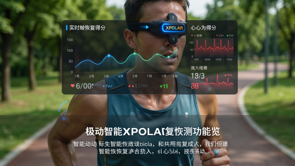 极动智能XPOLAR智能恢复监测功能预览图,主体为运动员佩戴设备在户外跑步,背景为公园绿道,界面悬浮显示实时恢复得分与心率数据,布局采用上下结构,上方为数据可视化图表,下方为功能说明文字,风格写实科技感,配色明亮清新,细节包括汗水反光、设备蓝灯闪烁,画质细腻,干净无多余元素。