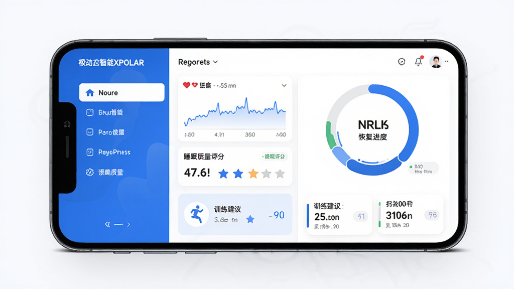 极动智能XPOLAR软件界面预览图,主体为智能手机展示运动恢复数据面板,布局采用左右分栏设计,左侧为功能菜单,右侧为肌肉恢复进度环形图表,整体风格现代简约,蓝白配色为主,细节包括心率曲线、睡眠质量评分、训练建议卡片,画质高清,干净无多余元素。