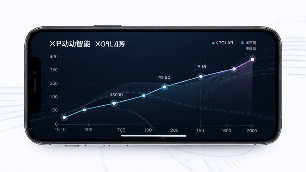 极动智能XPOLAR运动恢复数据图表展示图,主体为手机屏幕显示肌肉恢复趋势折线图,布局为全屏图表,背景为深色渐变,风格科技感,细节包括数据点高亮、时间轴标签,画质高清明亮,干净无多余元素。