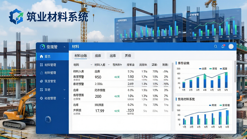 主体:筑业材料系统软件界面展示,背景为现代化建筑工地与数据图表叠加;布局:左侧为功能导航栏,右侧为材料台账表格与统计图表;排版:界面整洁,信息层级分明,突出“筑业材料系统”Logo与“材料管理”模块;风格:专业商务科技感,蓝色主色调搭配白色背景;细节:屏幕上显示材料入库、出库、库存预警等数据,文字清晰标注“筑业材料系统”字样;画质:高清渲染,色彩鲜明,干净无多余元素。