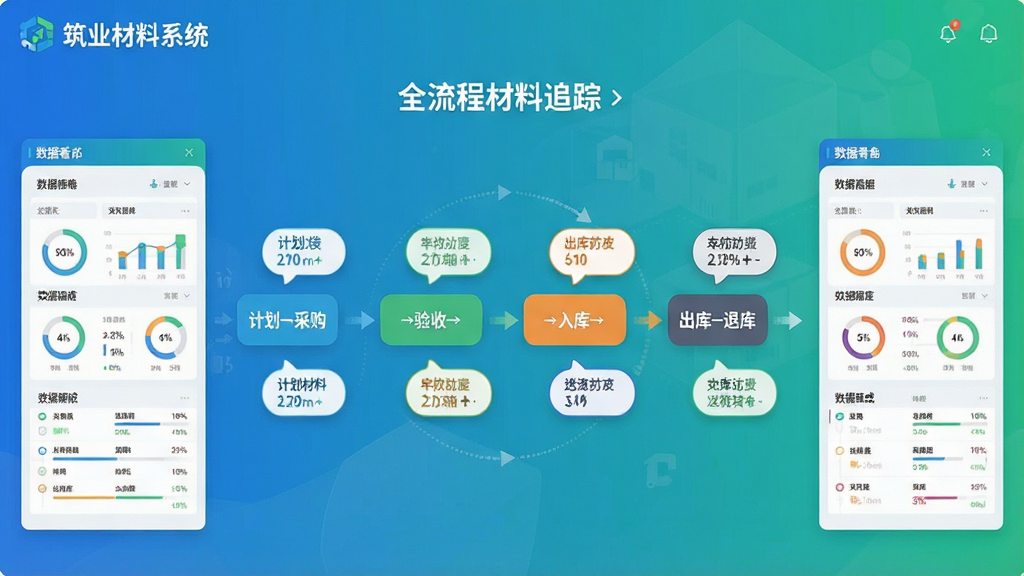 主体:筑业材料系统“全流程材料追踪”功能界面,显示材料从计划到退库的流程图;布局:中央为流程步骤图,两侧为对应数据看板;排版:流程图横向展开,步骤清晰,颜色区分状态;风格:扁平化设计,蓝绿渐变主色,简洁明亮;细节:流程图标注“计划→采购→验收→入库→出库→退库”,每个节点有数据气泡,左上角显示“筑业材料系统”Logo;画质:高清晰度,干净无多余元素。