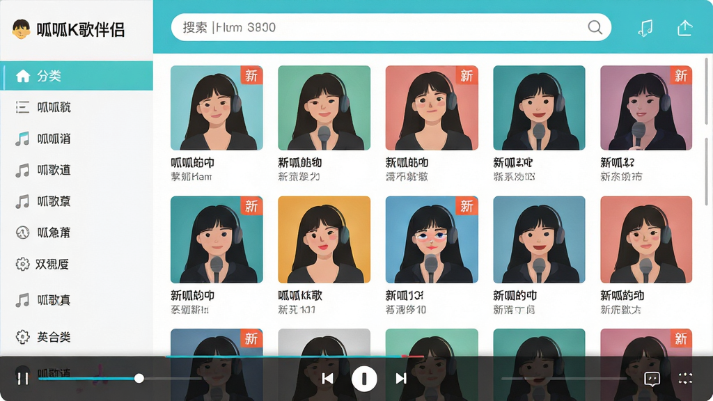 主体:“呱呱K歌伴侣”软件界面展示歌曲列表,排列整齐,封面清晰;布局:界面占据画面主体,左右分栏,左侧分类,右侧歌曲封面墙;排版:顶部搜索框突出,底部播放控制条;风格:扁平化UI设计,色彩清新;细节:歌曲名称、歌手名字清晰可读,部分歌曲标注“新”字标签;画质:高分辨率,干净,无多余元素。