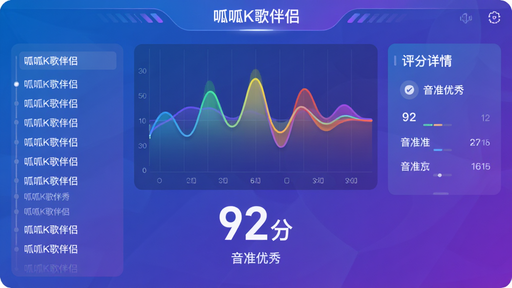 主体:“呱呱K歌伴侣”评分界面,显示音高曲线与分数“92分”,彩色波形动态;布局:中央为波形图,下方为分数和评语;排版:左侧为歌词滚动,右侧为评分详情;风格:科技感UI,蓝紫色渐变;细节:波形平滑,分数数字大而醒目,评语为“音准优秀”;画质:高清,干净,无多余元素。