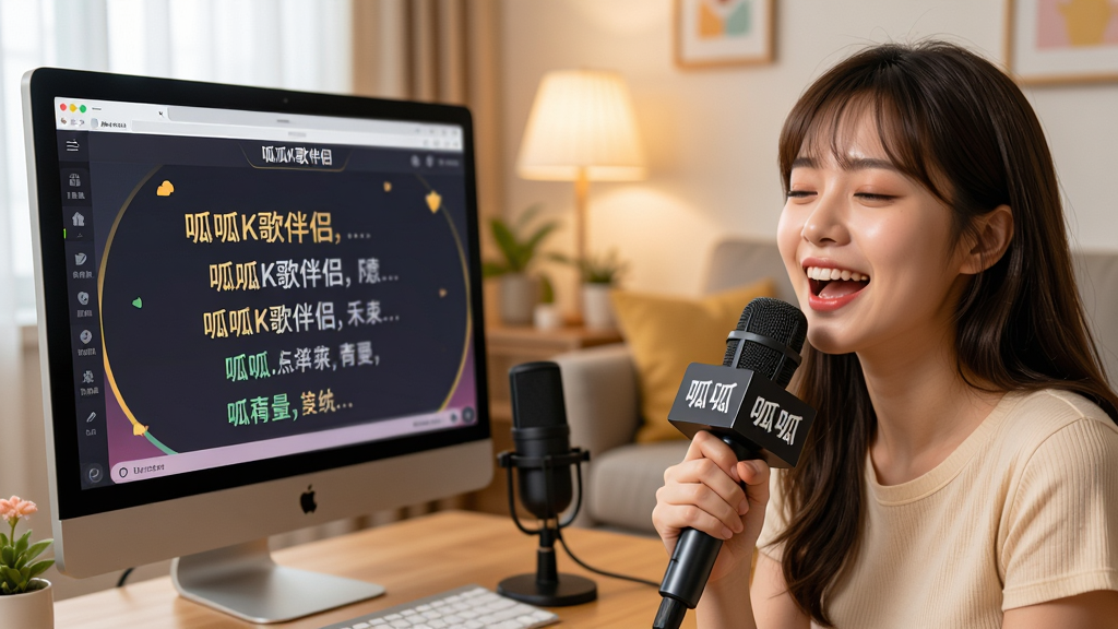 主体:电脑屏幕前一位年轻女性手持麦克风正在欢快唱歌,屏幕显示“呱呱K歌伴侣”界面,歌词清晰滚动;布局:前景人物半身,背景为温馨客厅,电脑桌上有麦克风;排版:画面左侧为软件界面特写,右侧为人物动作;风格:写实摄影风格,色彩明亮;细节:人物表情愉悦,麦克风带有“呱呱”字样;画质:4K高清,干净,无多余元素。