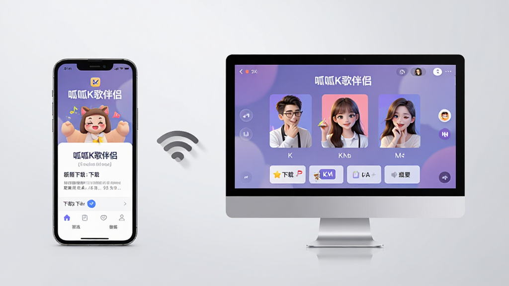 主体:一部智能手机和一台电脑并排,屏幕都显示“呱呱K歌伴侣”界面;布局:左侧手机竖屏,右侧电脑横屏;排版:中间有无线符号连接,背景为浅灰色;风格:简约现代风,柔和灯光;细节:手机屏幕显示下载页,电脑屏幕显示K歌界面;画质:高清,干净,无多余元素。