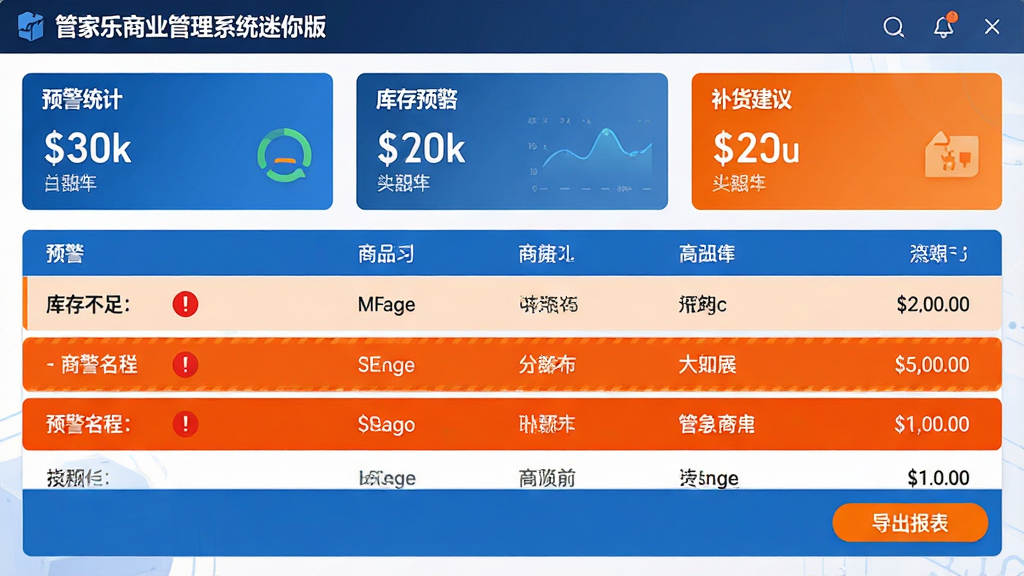 主体:管家乐商业管理系统迷你版库存预警界面,显示库存不足商品列表和补货建议;布局:顶部为预警统计卡片,下方为库存明细表格;排版:卡片式数据展示,表格列宽自适应,预警行高亮显示;风格:蓝色与橙色搭配,警示效果突出;细节:预警商品名称旁有红色感叹号图标,补货数量建议列清晰,底部有导出报表按钮;画质:高分辨率,干净,无多余元素