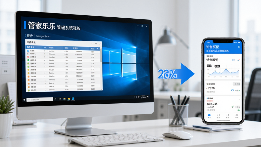 主体:管家乐商业管理系统迷你版运行在Windows电脑桌面上的截图,旁边有手机同步显示数据;布局:电脑屏幕在左,手机在右,中间有数据同步箭头;排版:整体场景图,电脑屏幕内容清晰可辨;风格:科技感,蓝色调;细节:电脑屏幕显示库存报表,手机屏幕显示销售概览,背景为办公桌面;画质:高分辨率,干净,无多余元素