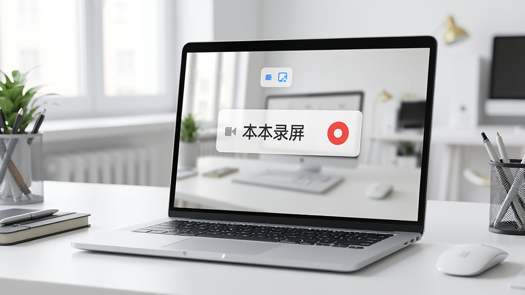 一张展示笔记本电脑屏幕正在录制画面的高清图片,屏幕上有一个简洁的录制工具栏,包含“本本录屏”字样和红点录制按钮,背景是整洁的办公桌,画面明亮清晰,风格写实,细节丰富,画质干净,无多余元素
