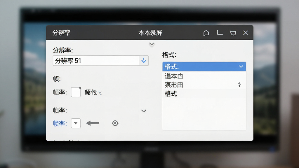 一张展示视频格式和画质设置界面的图片,屏幕上显示“本本录屏”的设置面板,有分辨率下拉菜单、帧率选项和格式选择列表,背景模糊,突出面板细节,画质清晰,干净无多余元素