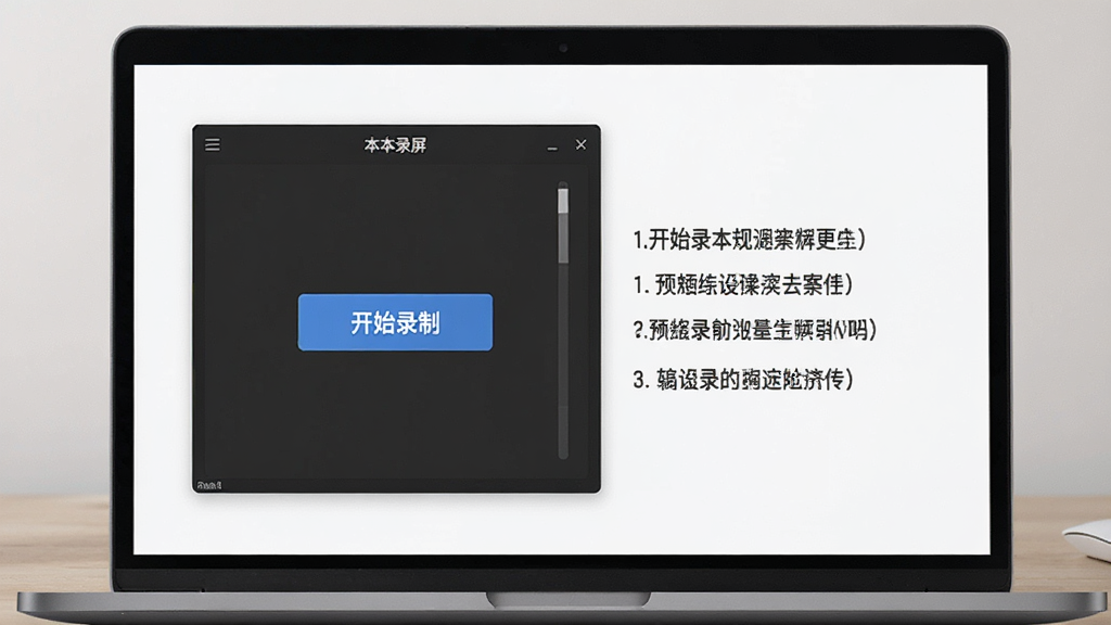 一张笔记本电脑屏幕显示录制操作步骤的图片,屏幕上打开“本本录屏”软件,显示“开始录制”按钮,旁边有步骤说明文字,风格简洁,画质清晰,干净无多余元素