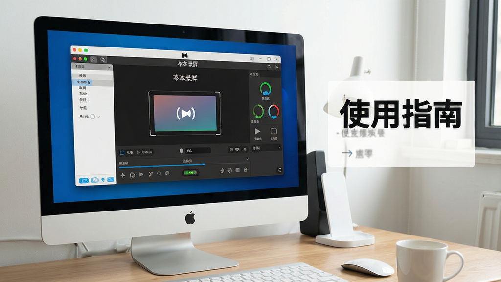 一张展示“本本录屏”在电脑上运行的图片,屏幕上显示软件主界面和录制状态,旁边有“使用指南”文字说明,风格写实,画质干净,无多余元素