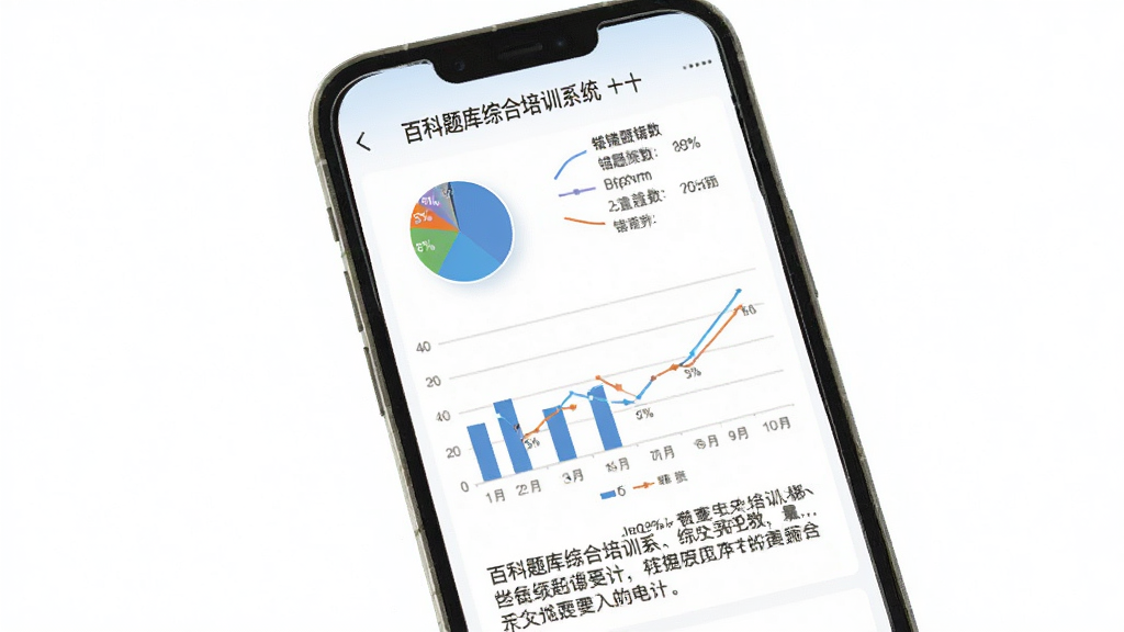 手机屏幕展示“百科题库综合培训系统”的统计报告页面,有饼状图、柱状图和折线图,下方有文字总结,背景为白色,风格简约,布局清晰,细节包括百分比和错题数,画质干净,无多余元素