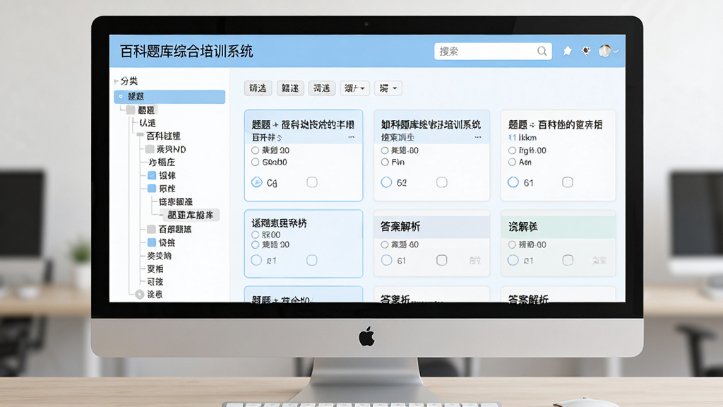 电脑屏幕展示“百科题库综合培训系统”的题库列表页面,左侧为分类树,右侧显示题目卡片,包含题干、选项和答案解析,色彩以浅蓝和白色为主,布局规整,风格扁平化,细节有搜索框和筛选标签,画质清晰,无多余元素