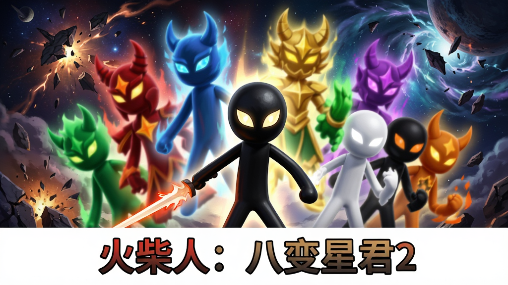 游戏主视觉图,以“火柴人:八变星君2”为核心,中央是手持光刃的黑色火柴人主角,身后浮现八种不同颜色(红、蓝、金、绿、紫、白、黑、橙)的巨大星君虚影,呈扇形排列。背景是破碎的星际战场与能量风暴,构图采用游戏宣传海报常见的居中对称式,人物占画面核心60%区域,四周留白以放置游戏标题。风格为高精度3D渲染结合2D手绘特效,光影对比强烈,色彩饱和度高,突出八种属性的元素质感。画面干净,无多余元素。