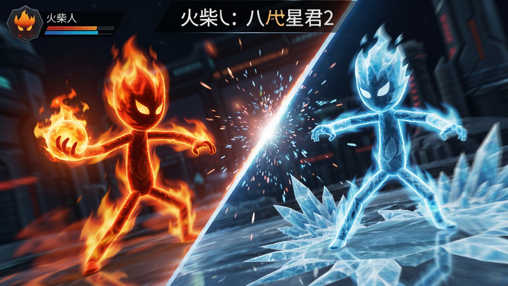 游戏内战斗截图,展示“火柴人:八变星君2”中主角切换形态的瞬间。画面左侧是红色火焰形态的火柴人,全身包裹烈焰,右手凝聚火球;右侧是蓝色冰霜形态,地面凝结冰晶。布局采用动感十足的对角线构图,强调战斗的爆发力。风格为动态模糊处理过的赛博朋克风,细节上突出粒子特效与光影反射,画质清晰,干净无UI干扰。