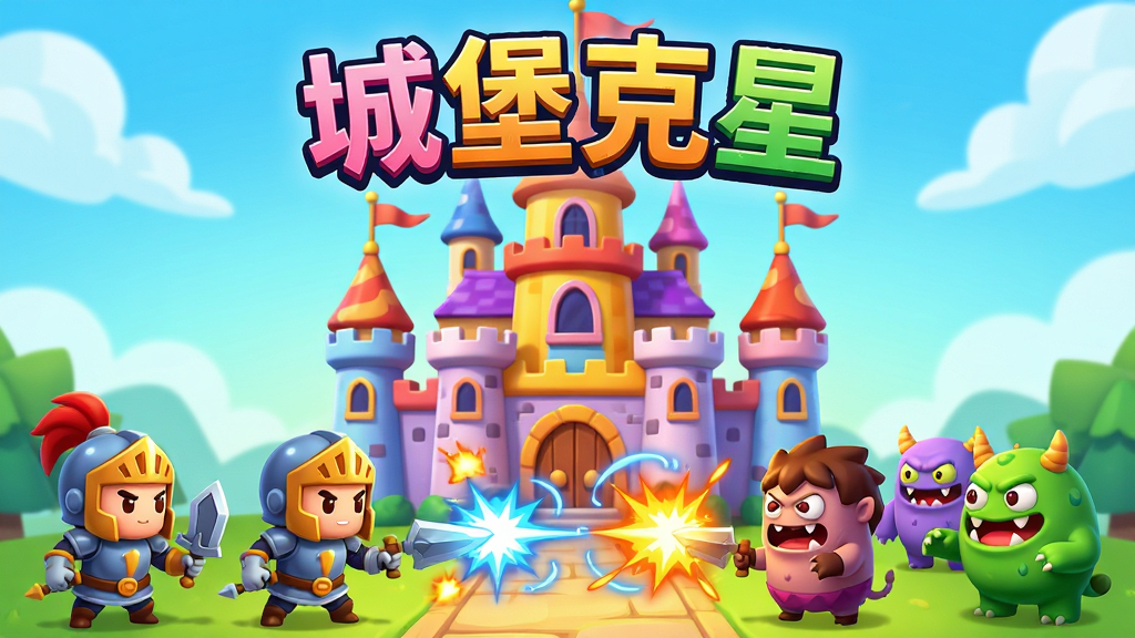 主体为一座色彩鲜艳的卡通城堡,城堡上方漂浮着“城堡克星”游戏标题字样,城堡前有多个可爱的守卫角色和怪物正在对峙,画面中央有战斗特效。布局采用中心对称,城堡位于画面中央,角色围绕四周。排版上标题醒目,角色分布均匀。风格为Q版卡通渲染,色彩明亮,细节丰富,画质高清,干净无多余元素。