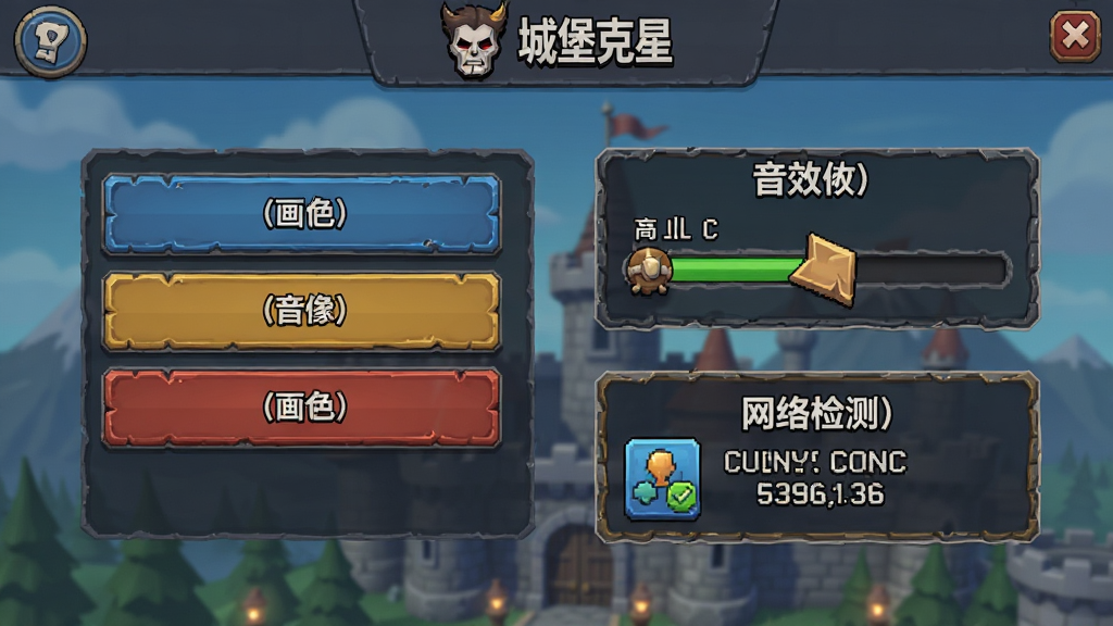 场景为“城堡克星”游戏设置界面,显示画质选项、音效调节和网络检测,界面简洁。布局为手机竖屏截图,排版清晰。风格为游戏UI,细节丰富,画质高清,干净无多余元素。