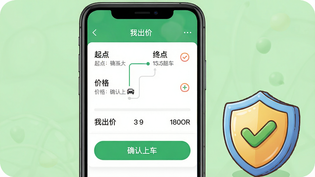 主体为一部手机屏幕特写,屏幕上显示“我出价”APP的订单详情页,包含起点、终点、价格和“确认上车”按钮。手机旁边有一个卡通风格的盾牌图标,代表安全。布局为手机居中,盾牌位于右下角。排版简洁,背景为浅绿色,象征安全。风格为写实与插画结合。细节上,屏幕上的文字清晰可读,盾牌上有一个对勾。画质高清,干净,无多余元素。