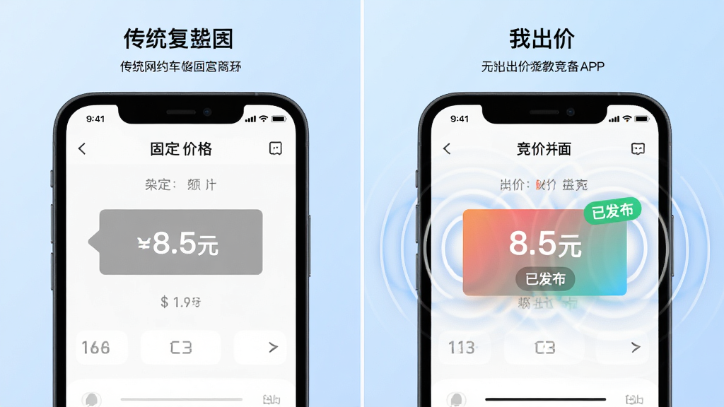主体为左右分屏的对比画面,左侧是传统网约车APP的固定价格界面,价格标签为灰色;右侧是“我出价”APP的竞价界面,彩色价格标签上写着“8.5元”并带有“已发布”字样。布局采用对称式构图,中间用一条白色竖线分隔。排版清晰,左右两侧各配一行小字说明。风格为扁平插画结合UI界面模拟,背景为淡蓝色渐变。细节上,右侧界面有波纹扩散效果表示出价已广播。画质干净,无多余元素。