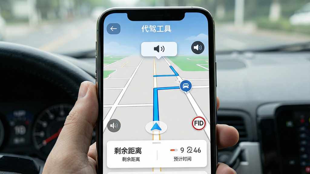 主体:代驾司机手机屏幕显示代驾工具APP的导航界面,前方道路清晰,有语音播报图标。布局:导航地图全屏显示,底部有路线信息卡片,显示剩余距离和预计时间,左上角有返回键。排版:地图简洁,路线以蓝色粗线标注,关键路口放大提示。风格:清晰实用,适合驾驶中快速查看。细节:屏幕顶部有“代驾工具”标识,导航语音播报气泡提示,车速和限速标识。画质:高清,干净,无多余元素。