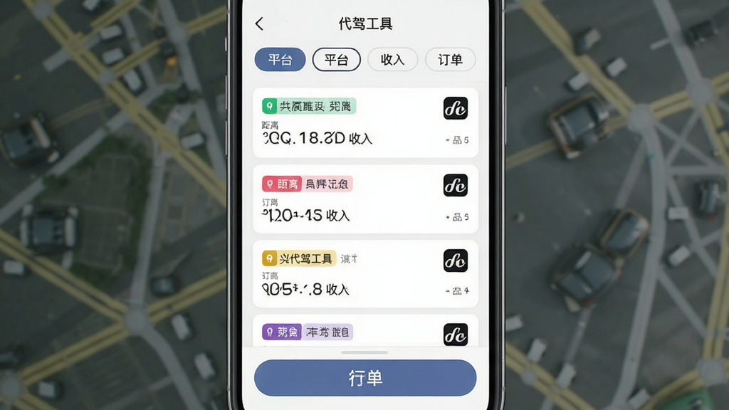 主体:手机分屏显示代驾工具APP聚合多个代驾平台订单的界面,不同平台订单以不同颜色标签区分。布局:手机屏幕中央展示订单列表,顶部有平台切换标签,底部为抢单按钮。排版:列表式布局,每条订单显示距离、收入、目的地,颜色区分明显。风格:简约商务,信息密集但清晰易读。细节:每个订单卡片右上角有平台LOGO,并有“代驾工具”字样出现在顶部导航栏。画质:高清,干净,无多余元素。
