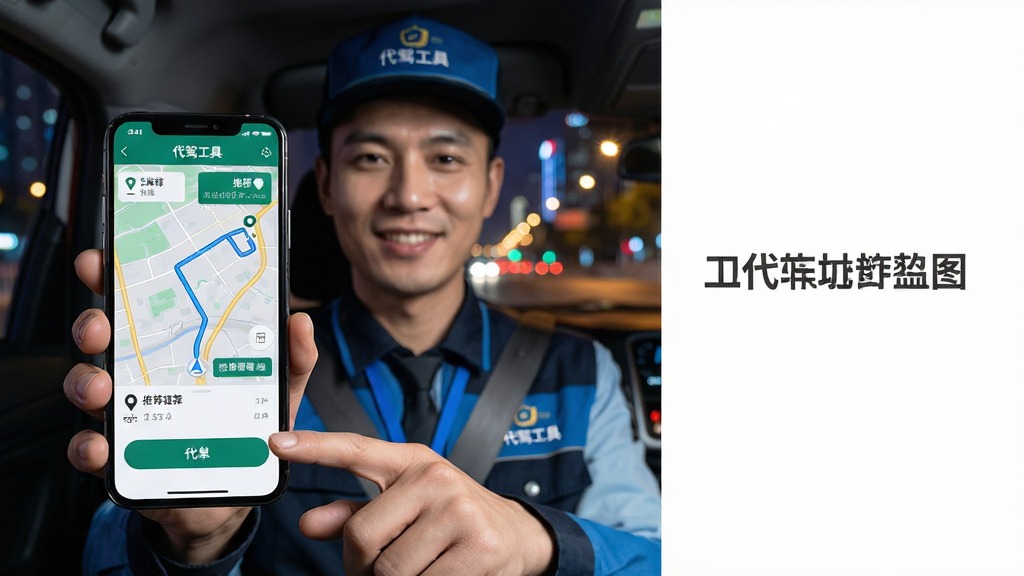 主体:代驾司机手持手机使用代驾工具APP,屏幕显示清晰的地图导航和接单界面,背景是城市夜景,司机面带微笑,穿着专业代驾制服。布局:司机位于画面中央偏左,手机屏幕面向镜头,地图路线和订单信息清晰可见,右侧留白用于文字展示。排版:采用简洁的构图,突出APP界面,画面干净明亮,风格写实。细节:手机屏幕上有“代驾工具”字样,地图上显示起点终点和推荐路线,司机手指轻点接单按钮。画质:高清,干净,无多余元素。