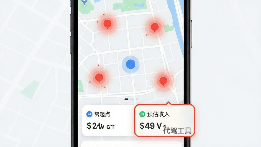 主体:手机界面展示代驾工具APP的智能派单功能,地图上多个订单热点以红色标记,系统推荐最优订单卡片弹出。布局:手机居中,屏幕内地图占据主要区域,订单卡片位于屏幕下方,清晰显示起点、终点和预估收入。排版:UI设计现代,按钮圆润,色彩鲜明,信息层级分明。风格:科技感与实用性结合,界面干净整洁。细节:地图上司机位置以蓝色圆点显示,推荐订单高亮边框,卡片上有“代驾工具”水印标识。画质:高清,干净,无多余元素。